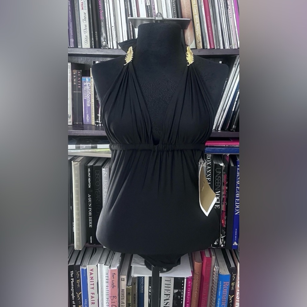 Elegant brazil designer RYGY halter gold leaf one piece black swimsuit NWT
